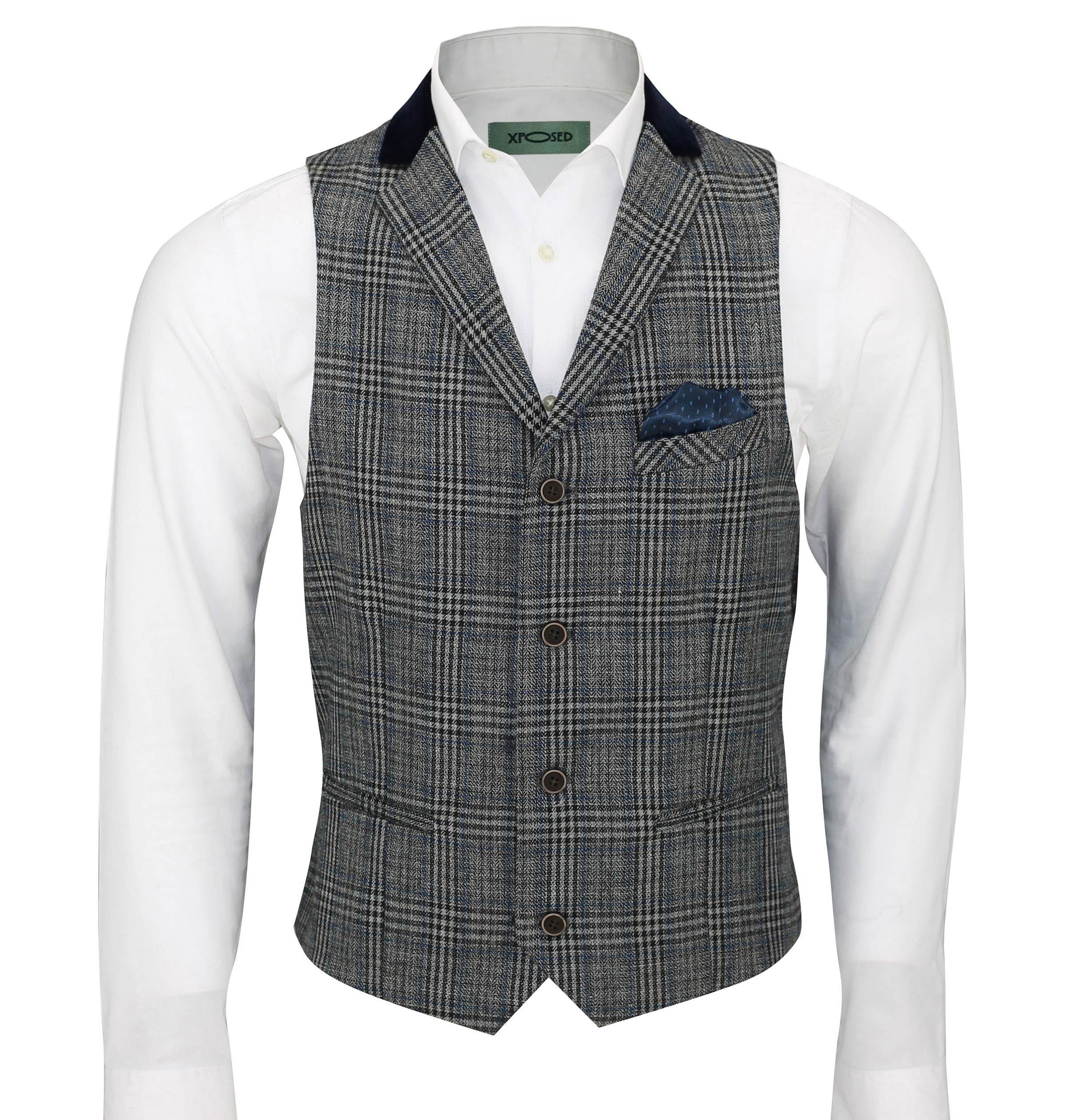 Mens Vintage Waistcoat Herringbone Tweed Check Velvet Collar Retro